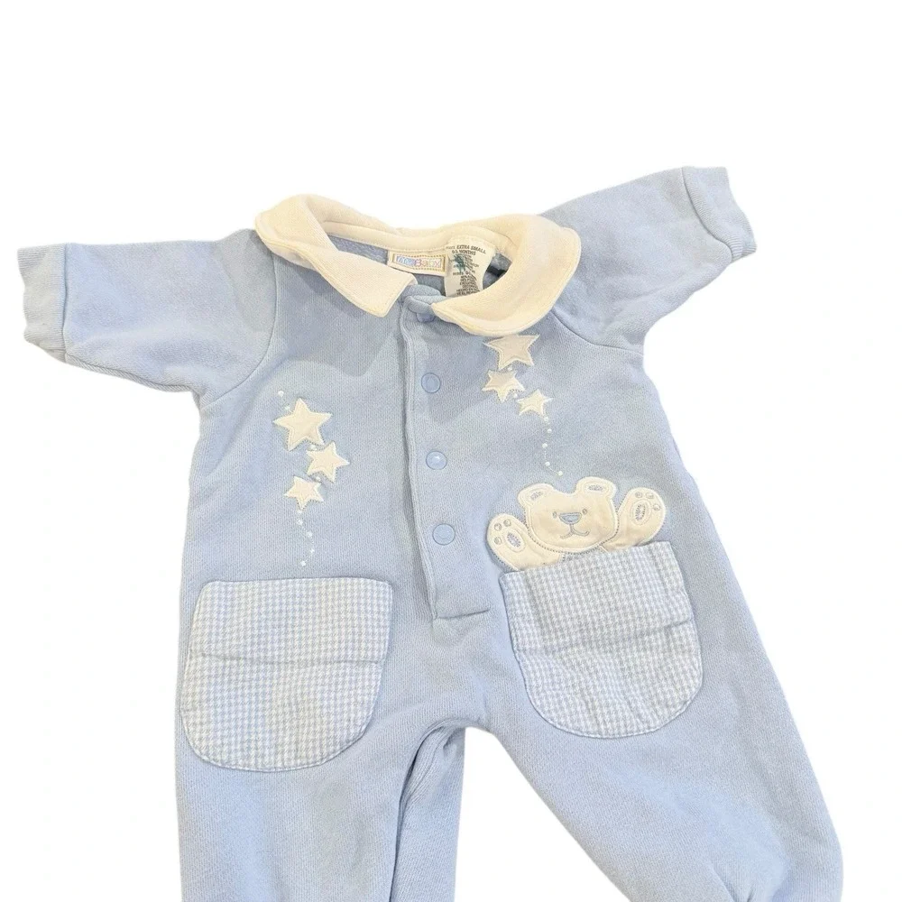 Vtg Mcbaby Infant Boy 0-3m Blue Romper Stars & Teddies Gingham Pockets Preowned